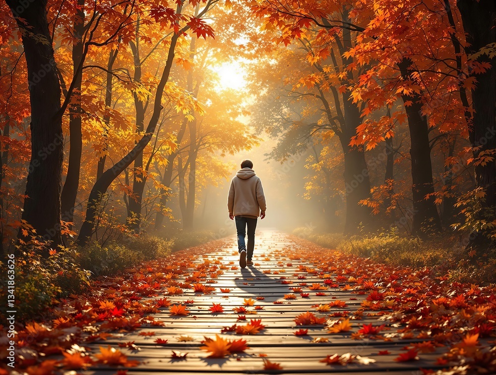 Poster a person walking down a path covered in fallen leaves, surrounded by trees with vibrant autumnal hue