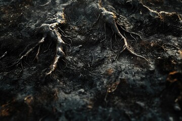 Dark, gnarled tree roots exposed in scorched earth, a post-apocalyptic landscape.