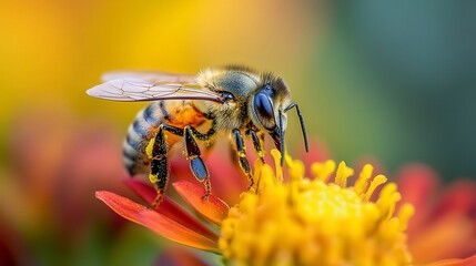 Naklejka premium close up of bee on the flower, bee on flower in the nature