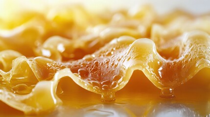 Close-Up View of Wavy Yellow Gelatin Texture with Droplets
