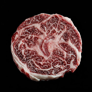 Wagyu cross section under ring light, with marbling enhanced by polarizing filter