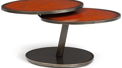 Modern two-tiered nesting coffee table with dark bronze metal base and orange top.