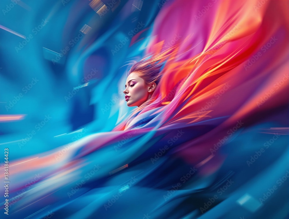 Poster a woman in a vibrant, colorful dress, captured in a dynamic, blurred motion. the colors transition s