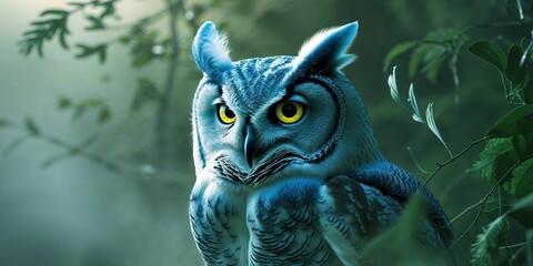 Enigmatic Blue Owl with Striking Eyes Amidst Lush Green Background.