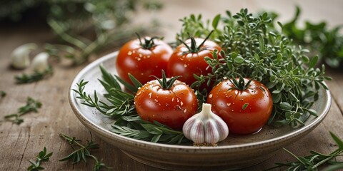 Salted tomatoes with herbs and garlic preserved vegetables