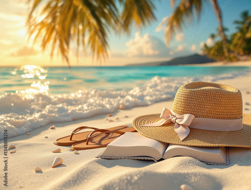 Poster a serene beach scene during what appears to be the golden hour, with a hat and a book placed on the 