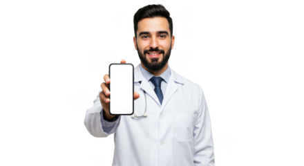 Portrait of young handsome doctor showing phone with blank screen isolated on White background