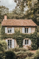 A delightful stone cottage, gracefully adorned with lush green vines, is nestled within a tranquil forest setting on a cloudy autumn afternoon