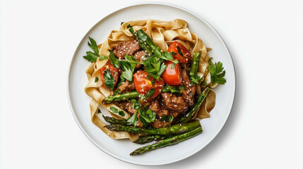 Delicious asparagus and beef stir fry with fresh vegetables on plate