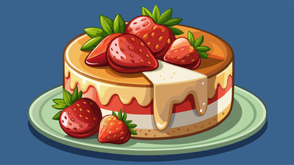 Cheesecake with strawberries on top. A delicious looking cheesecake with glaze and fruits on top. Creamy and tasty dessert. Food content White background