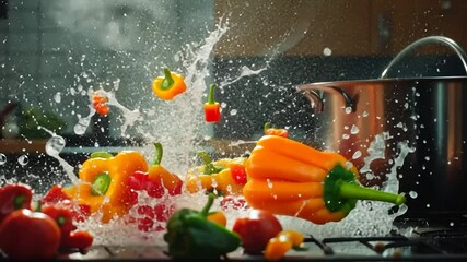 Colorful peppers exploding in water splash on kitchen stove - Powered by Adobe