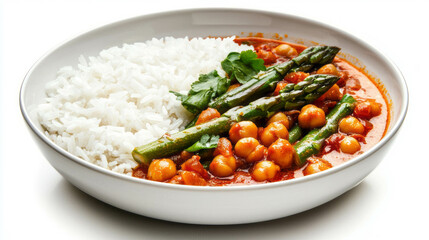 Delicious asparagus and chickpea curry with steamed rice for a healthy meal
