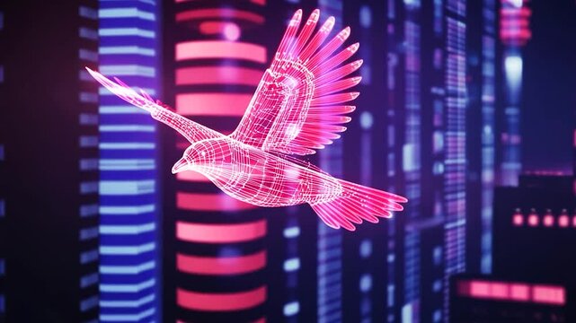 Futuristic bird flying through digital city