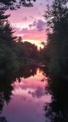 Fototapeta premium Serene twilight reflections on the tranquil water, framed by lush forest