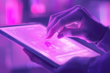 A hand interacts with a tablet displaying vibrant data visualizations in a futuristic setting.
