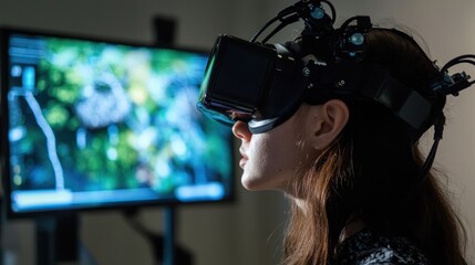 Young woman exploring virtual reality with advanced headgear technology setup