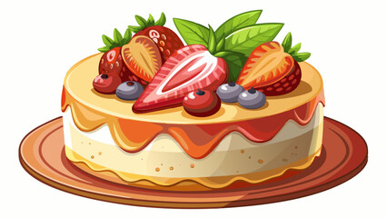 Cheesecake with strawberries on top. A delicious looking cheesecake with glaze and fruits on top. Creamy and tasty dessert. Food content White background