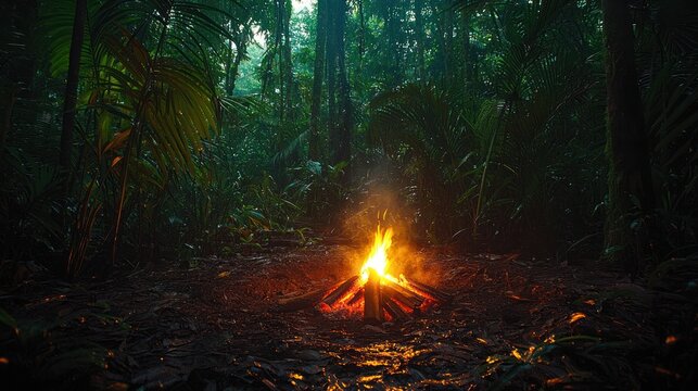 Warm campfire in the heart of a lush, dark jungle.