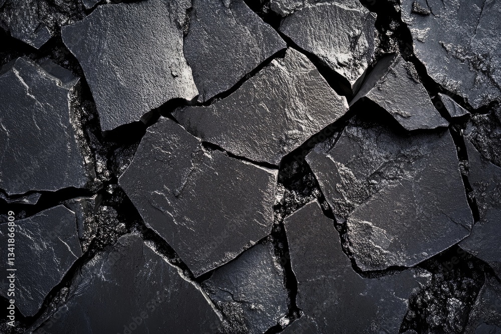Poster a high-resolution close-up of dark, fractured stones, creating a textured background.