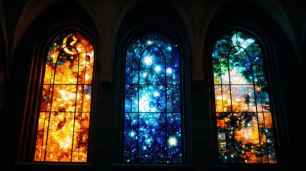 Colorful Stained Glass Windows Depicting Cosmic Patterns in Historic Church Interior
