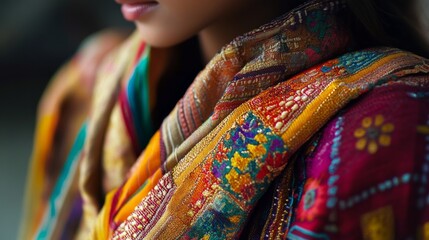 Obraz premium Colorful Woman Wearing Traditional Textiles and Accessories Showcasing Vibrant Cultural Heritage