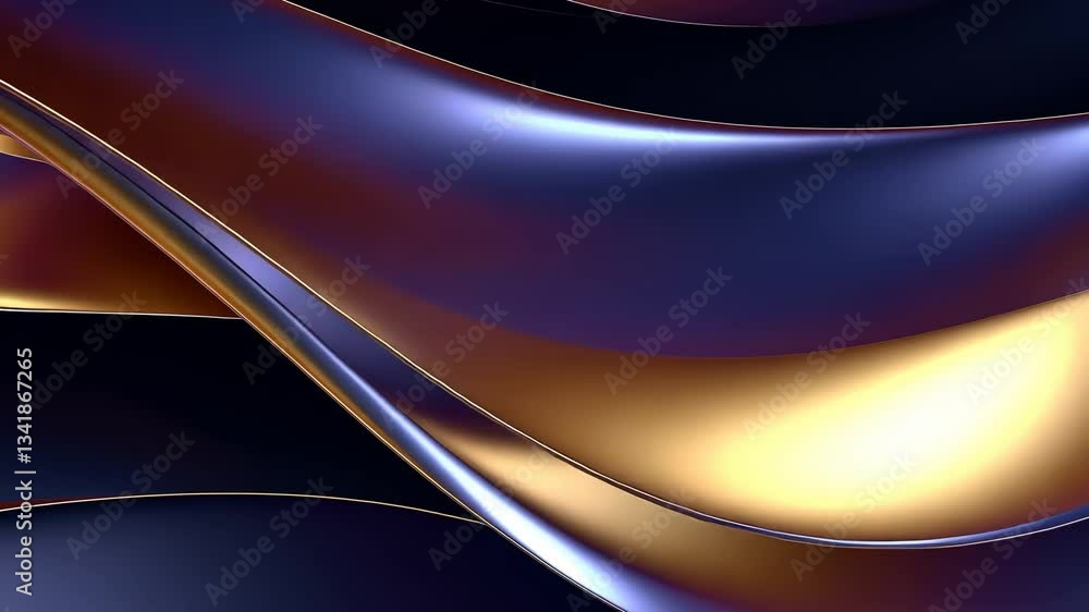 Poster abstract metallic flowing forms in gold and purple. dynamic curves and reflective surfaces create a 