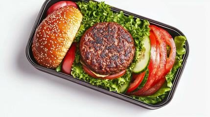 Delicious burger bento box with fresh vegetables for lunch or picnic meals