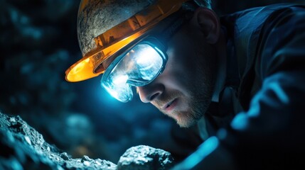 Focused mining worker illuminated by headlamp examining minerals underground carefully