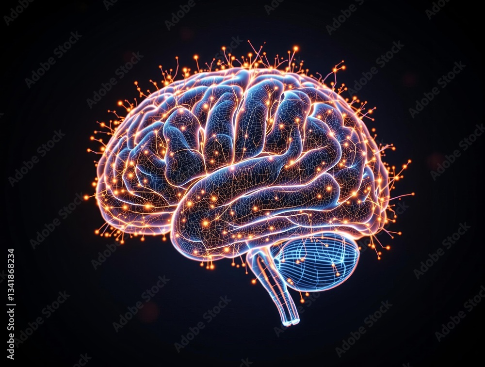 Poster a detailed, illuminated brain against a dark background. the intricate details of the cerebral corte