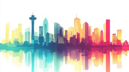 Obraz premium Urban skyline showcases vibrant city energy with simplified flat colors reflecting modern architecture and innovation throughout the day