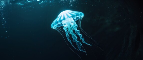 Naklejka premium Stunning Glowing Jellyfish in Deep Ocean.