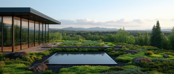 Fototapeta premium Modern glass house surrounded by lush green landscape and tranquil water feature under clear blue sky