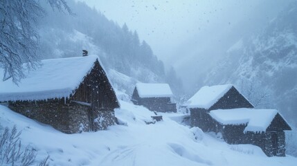 Snowy serenity, Rustic chalets nestled in a winter alpine landscape