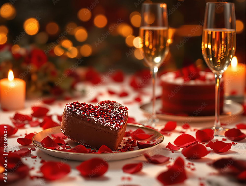 Poster a romantic setting with a heart-shaped chocolate cake adorned with red rose petals, two glasses fill