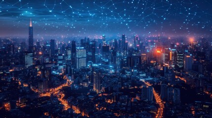 Obraz premium Futuristic AI-Powered City with Glowing Blue Neon Lights - Smart City Landscape with Advanced Technology and Virtual Reality Architecture
