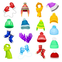 Winter Clothes with Hat, Scarf and Gloves Vector Set