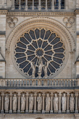 Paris, France - 03 18 2025: Notre Dame de Paris. View detail of the facade of Notre-Dame cathedral.