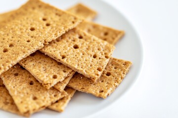 Healthy Crackers Stack. Brown crackers pile topped with seeds. Wholemeal salt cracker heap. Snack plate of golden crispy cookies on a table. Multigrain flatbread. Delicious salty biscuit, hardtack
