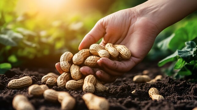 Hand holding peanuts harvested from field