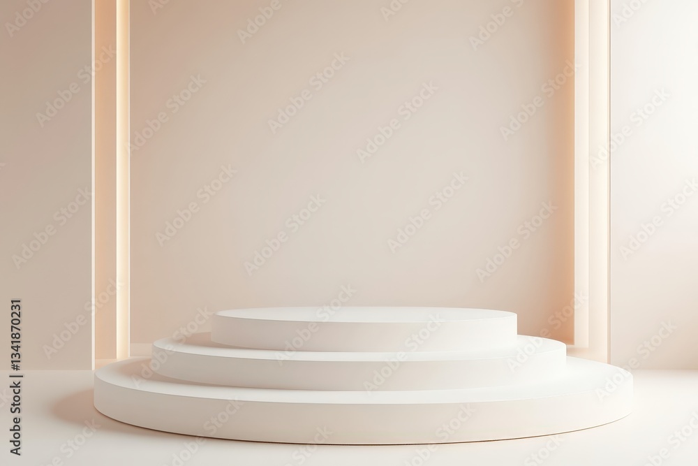 Poster a minimalistic three tiered platform stands in a neutral setting