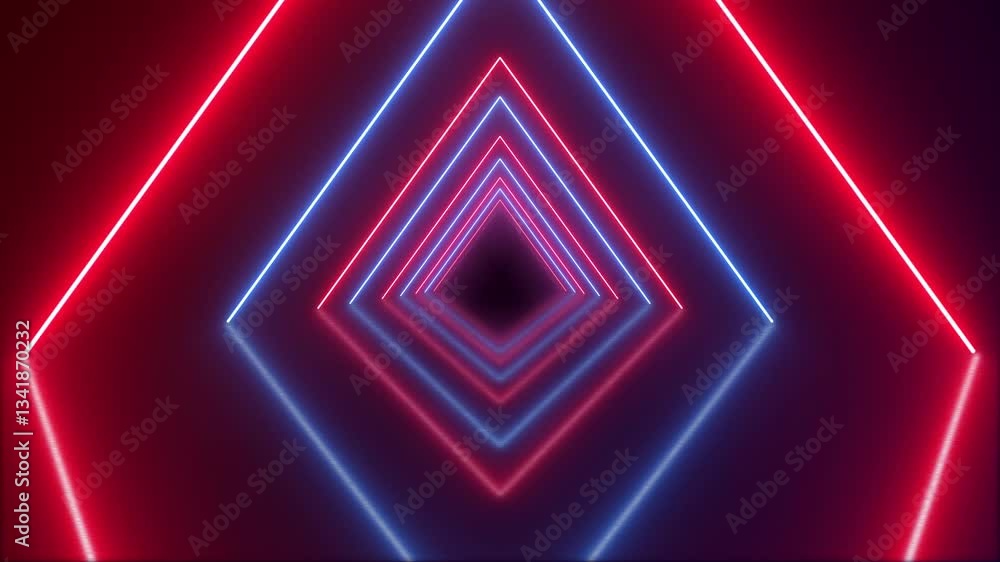 Poster 4k neon glowing triangle tunnel with light lines on a transparent background. flying through a neon 