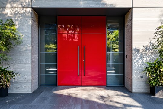 The red door of a building is open, revealing a large, empty courtyard. - Powered by Adobe