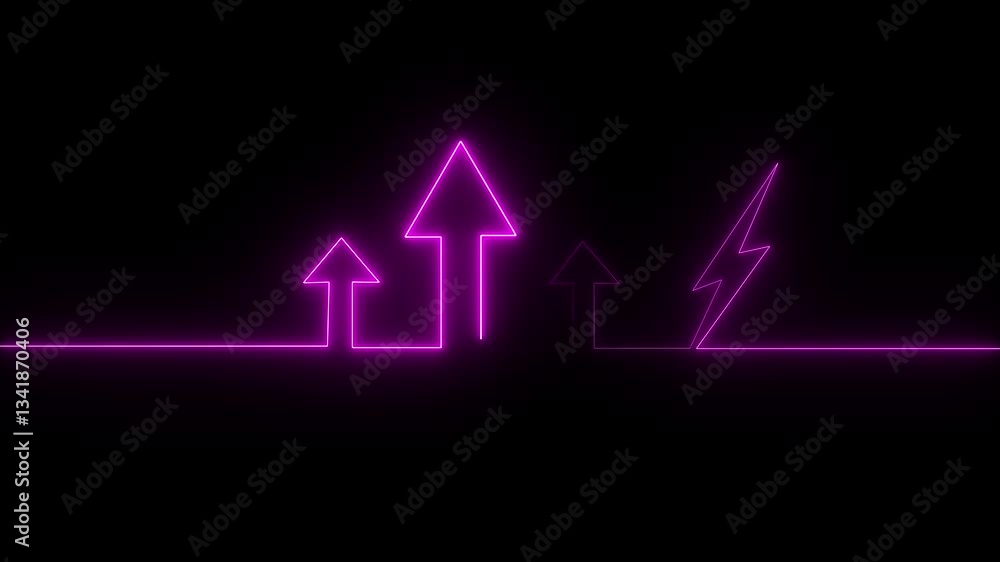 Poster glowing neon line icon and up arrow isolated on transparent black background. arrow growth up concep