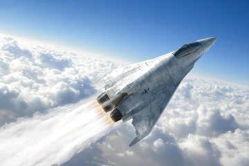Modern fighter jet soaring through the clouds at high altitude during a clear day