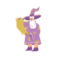 Wizard Man Character in Purple Gown and Hat with Scroll Vector Illustration