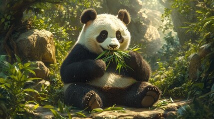 a gentle giant panda peacefully munching on bamboo shoots amidst lush green foliage scenery backdrop