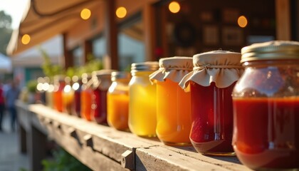 Authentic photorealistic shot of neatly arranged jars of vibrant jams, honey, and preserves on an outdoor farmer's market stall with natural textures of wood and glass jars in focus