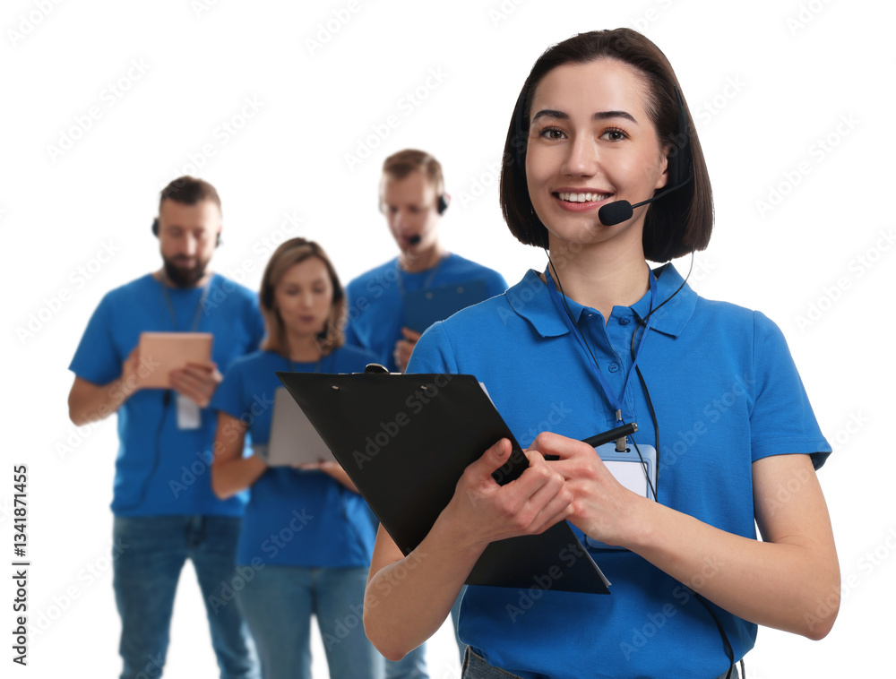 Poster technical support call center. team of friendly operators on white background