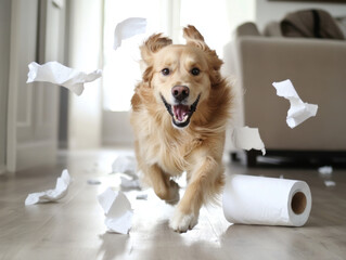 A dog runnin away with. A roll of paper towels unraveling behind him