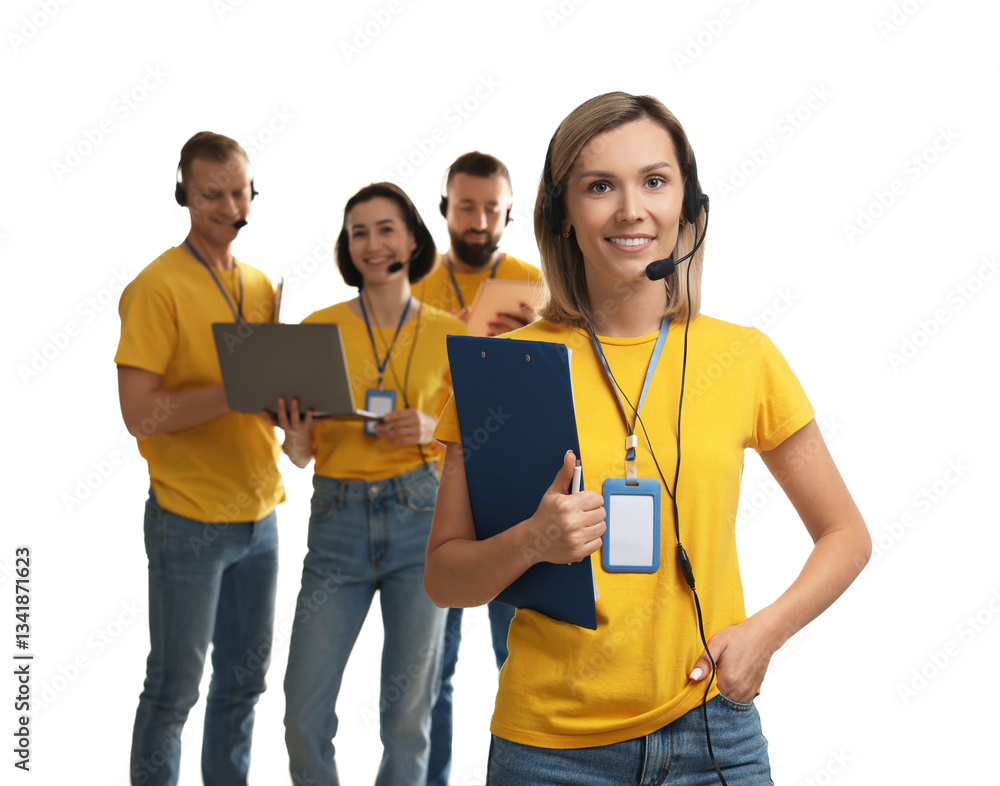 Aufkleber technical support call center. team of friendly operators on white background